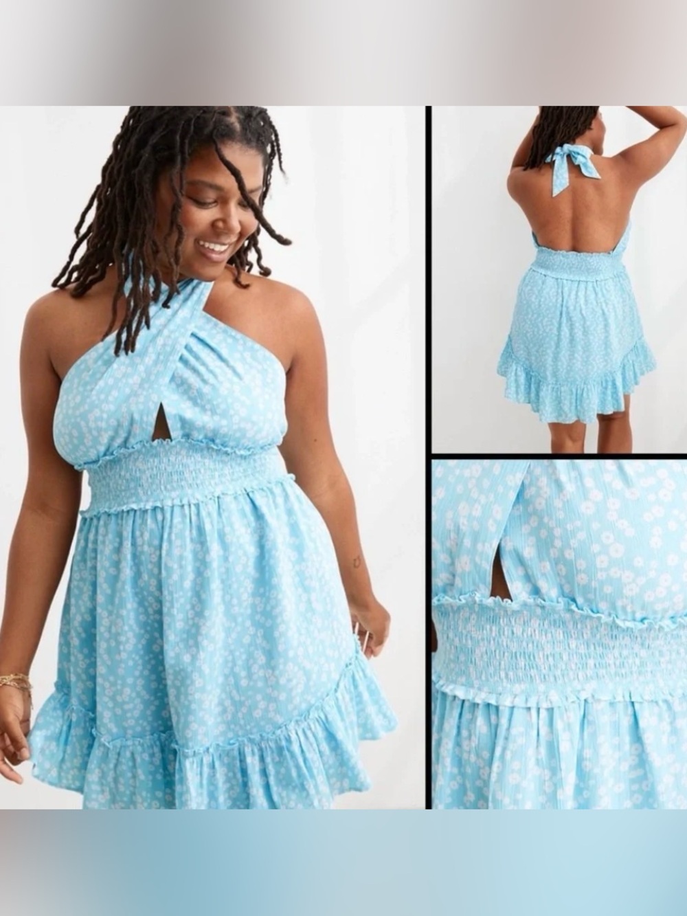 Aerie Spring Fling Floral Halter Crossover Dress Blue Daisy XL
